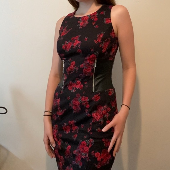 Rose Pattern Black Dress w/ Leather patches - Picture 1 of 4